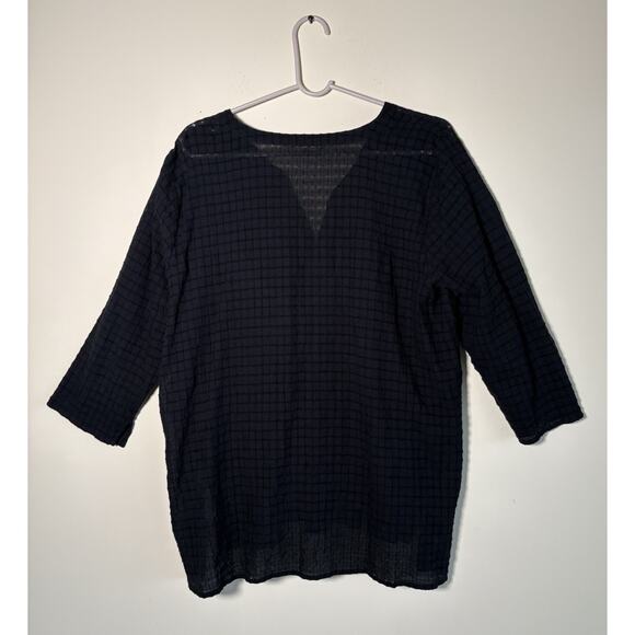 Eileen Fisher Womens Black Cotton Waffle Texture 3/4 Sleeve Button Up Top Sz L - Picture 3 of 11